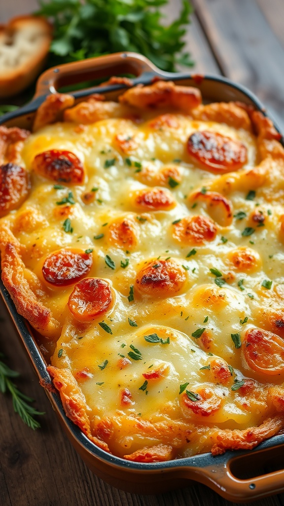 Cheesy potato au gratin in a baking dish with golden-brown top, served with herbs and bread.